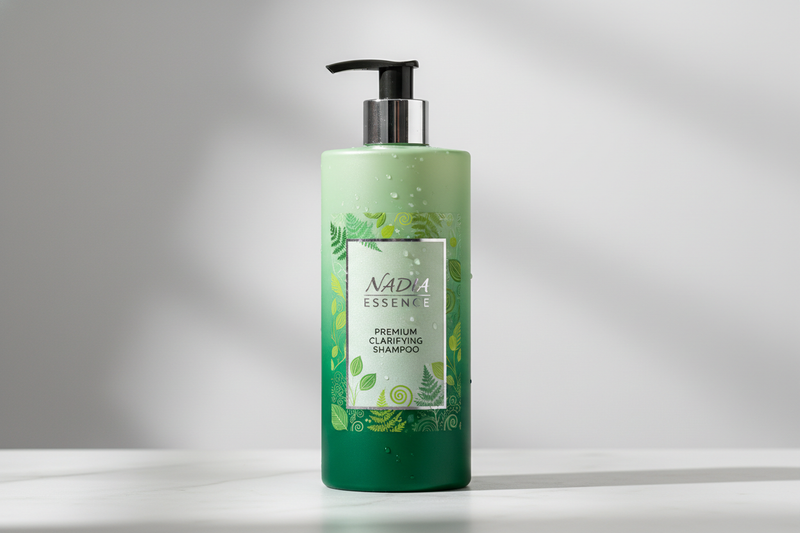Create a clarifying shampoo that has nadia essence logo on it and it has a gree theme 
