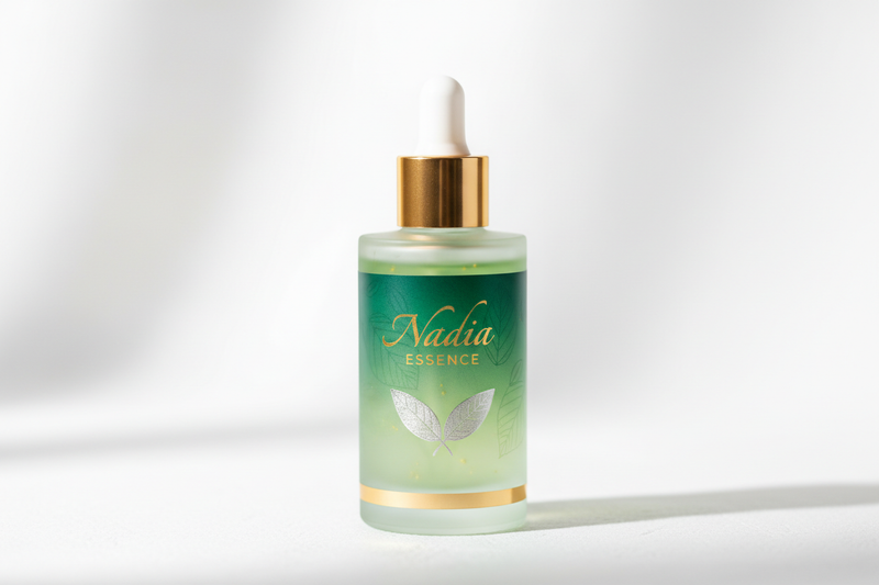 Generate a hair serum that has nadia essence logo on it and green theme