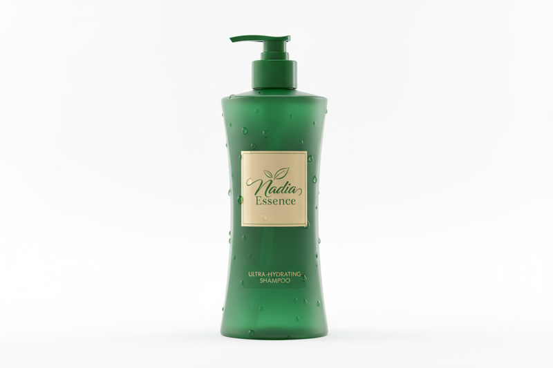 Generate  a shampoo with a green theme that has nadia essence logo on it 