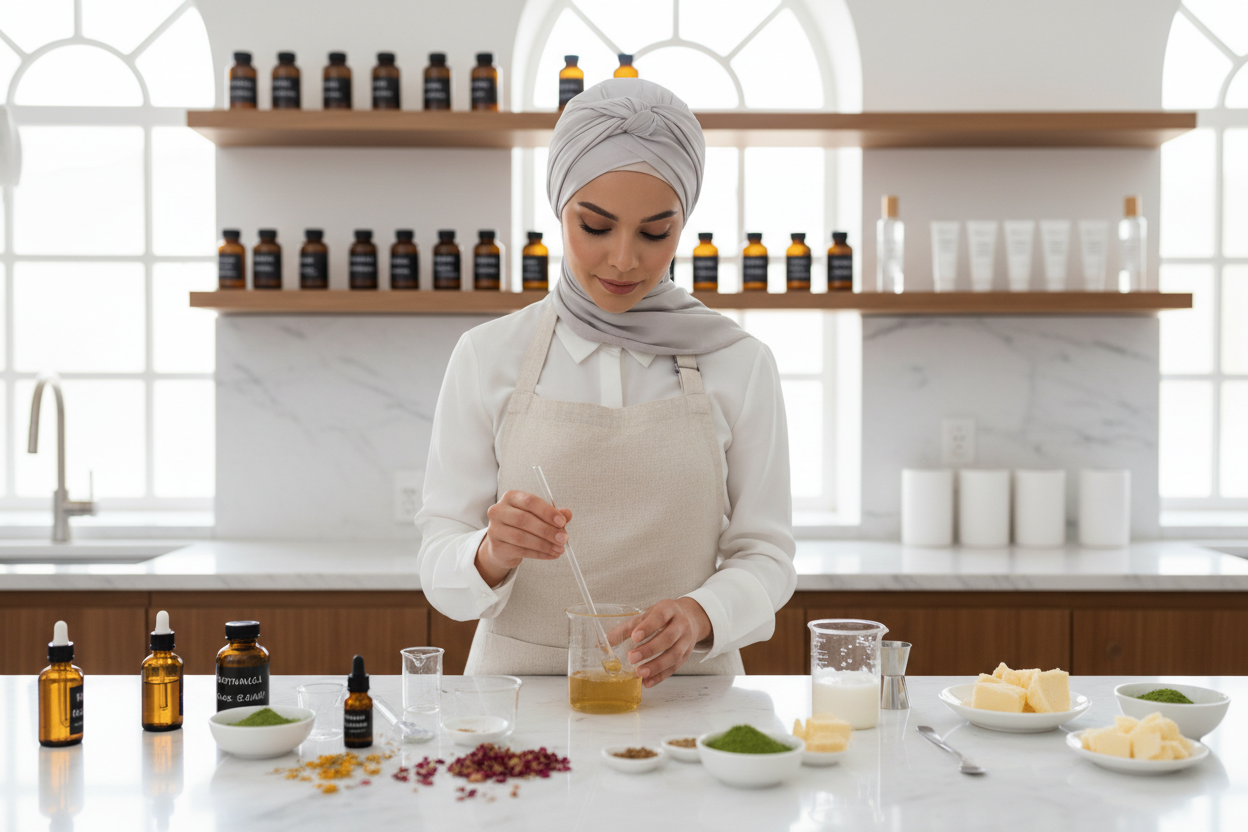 I want a hijabi woman picture in a kitchen and she is working on natural cosmetics products manufacturing